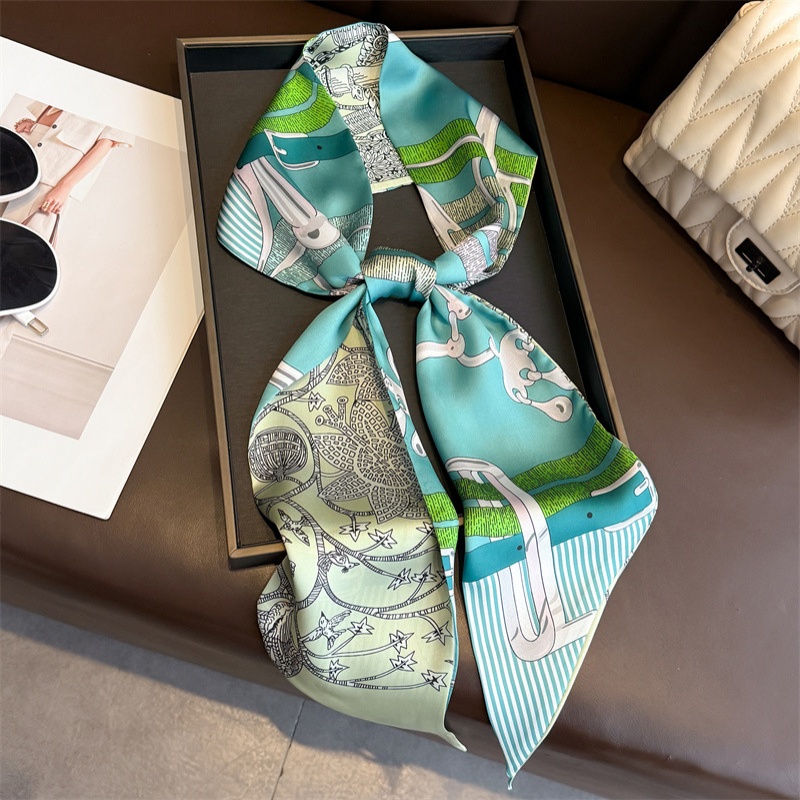 Ascot Neck Scarf - ผ้าพันคอไหมพิมพ์ลายสองด้านสำหรับผู้หญิง ผ้าพันคอเส้นเล็กแฟชั่น ผ้าพันคอผมยาว ผ้าพันคอริบบิ้นสำหรับกระเป๋าถือผู้หญิง ผ้าพันคอคอแบบน่ารัก