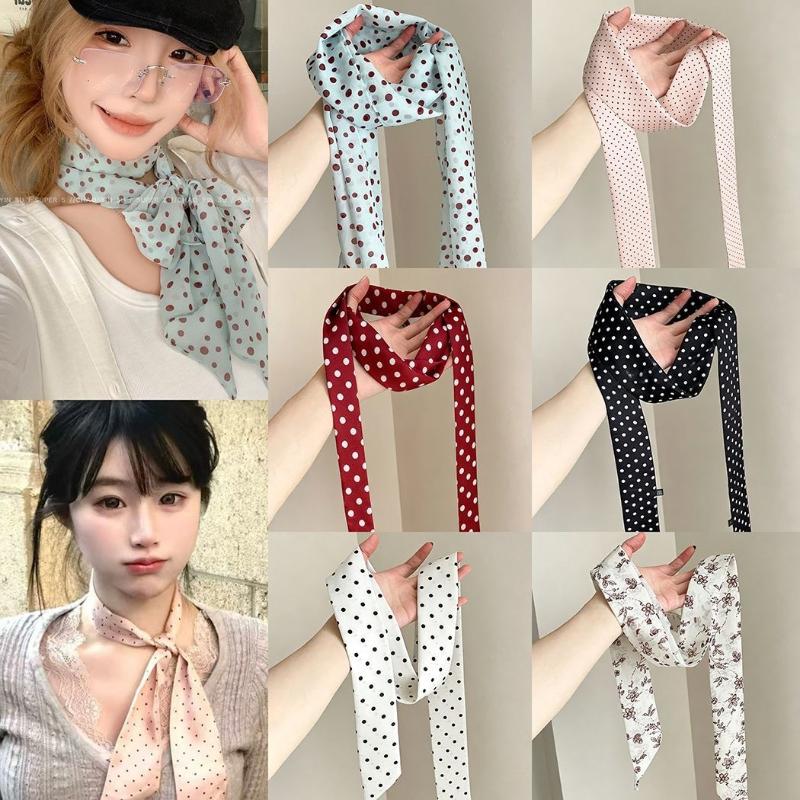 Ascot Neck Scarf - ผ้าพันคอไหมลายจุดและลายดอกไม้ ผ้าพันคอบางสำหรับผูกคอ ที่คาดผม ริบบิ้นสำหรับกระเป๋า สำหรับผู้หญิง เครื่องประดับสไตล์วินเทจสำหรับใช้ในชีวิตประจำวัน