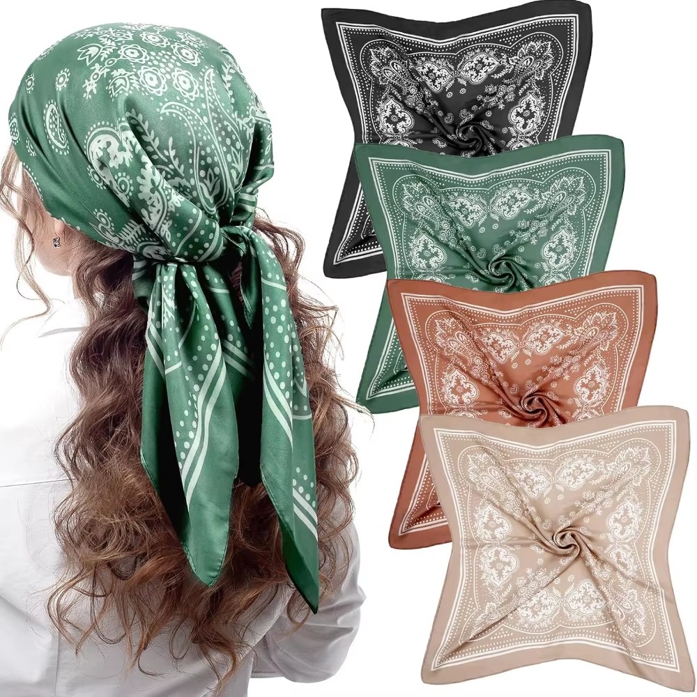 Ascot Neck Scarf - ผ้าพันคอไหมพิมพ์ลายเพสลีย์สี่เหลี่ยม แบรนด์หรู สำหรับผู้หญิง ผ้าซาติน ผ้าผูกผม ผ้าพันคอเนคไทเนื้อนุ่ม