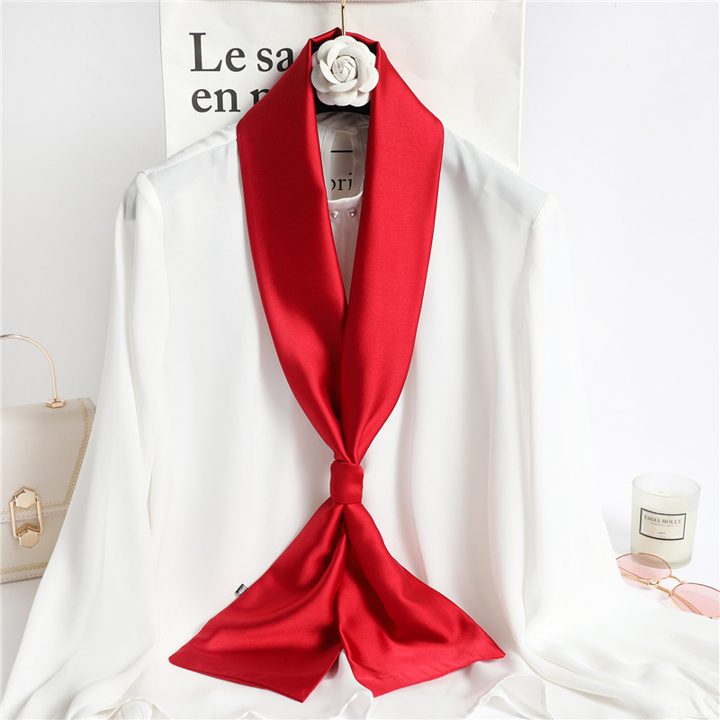 Ascot Neck Scarf - ผ้าพันคอไหมสีแดงล้วน ผ้าพันคอไหมซาตินสำหรับผู้หญิง ขนาด 14*145 ซม. ผ้าคาดผม